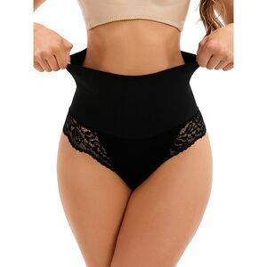Lace Trim Briefs High Waist Flatten Stomach Shaping Panties Black